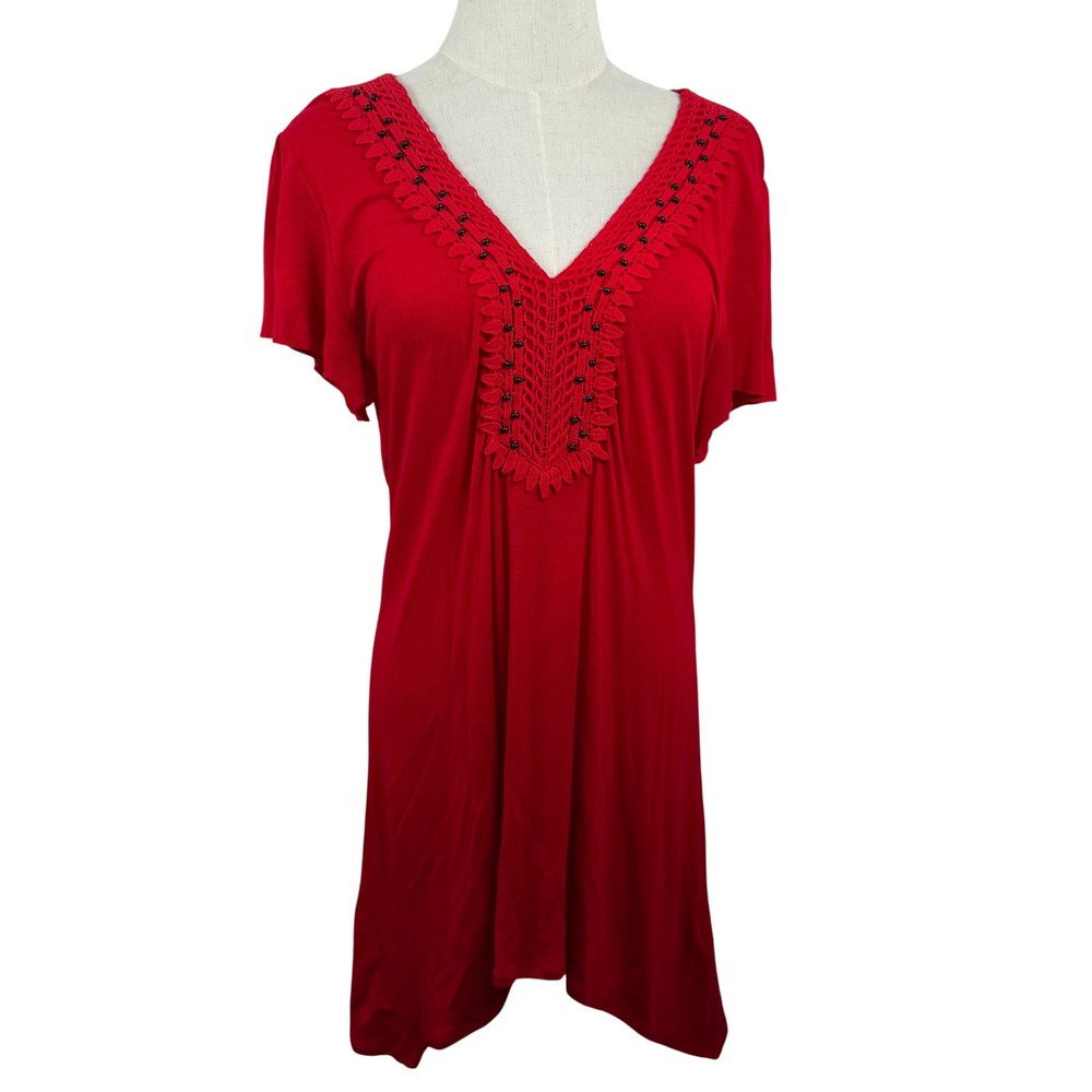 AB Studio M Tunic Top Red Crochet Beaded V Neck Boho Chic Romantic Peasant Y2K